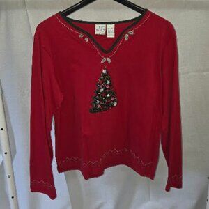Bleu Bayou size XL red long sleeve t-shirt embroidered Christmas tree